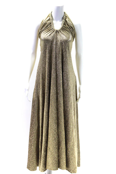 Proenza Schouler Womens Lurex Drawstring Halter Maxi Dress Gown Gold Size 8