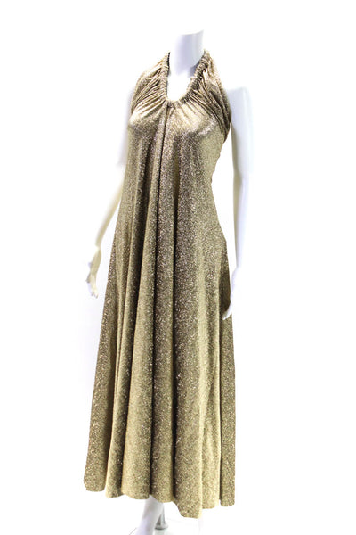 Proenza Schouler Womens Lurex Drawstring Halter Maxi Dress Gown Gold Size 8