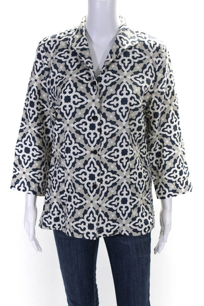 Connie Roberson Womens Linen Printed Button Down Jacket Blue White Size Small