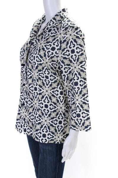 Connie Roberson Womens Linen Printed Button Down Jacket Blue White Size Small