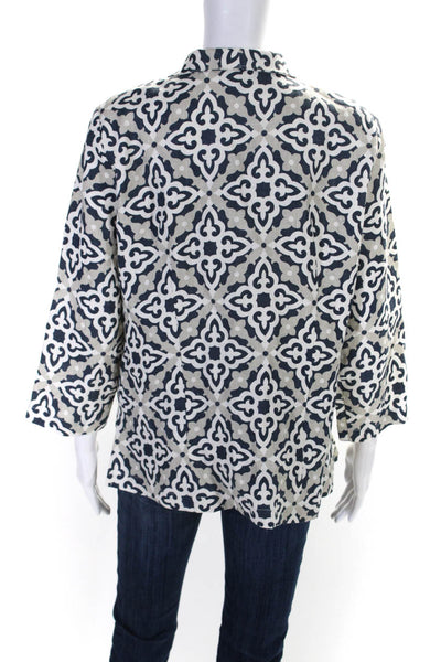 Connie Roberson Womens Linen Printed Button Down Jacket Blue White Size Small