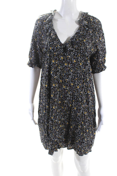 Madewell Womens Floral Print Ruffled Short Sleeve Buttoned Dress Black Size M