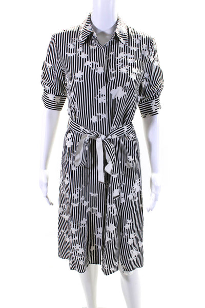 Altuzarra Womens Black White Striped Floral Short Sleeve Silk Shift Dress Size34