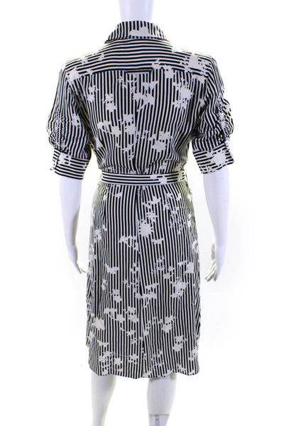 Altuzarra Womens Black White Striped Floral Short Sleeve Silk Shift Dress Size34