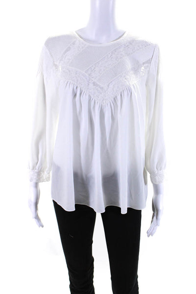 Joie Womens Crepe Pleated Lace Long Sleeve Crew Neck Blouse Top White Size S