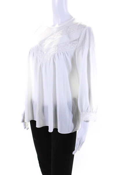 Joie Womens Crepe Pleated Lace Long Sleeve Crew Neck Blouse Top White Size S