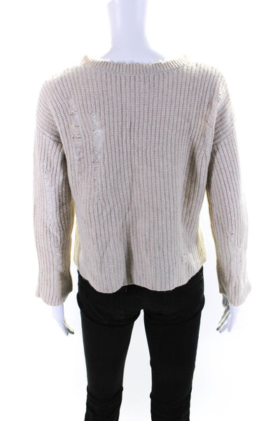 Autumn Cashmere Womens Cashmere Distressed Crew Neck Sweater Top Beige Size S