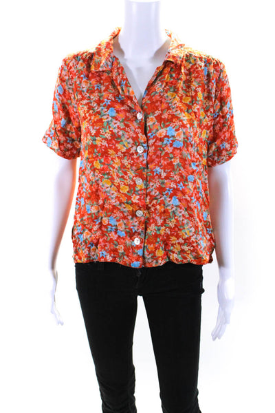 Roller Rabbit Womens Orange Cotton Floral Short Sleeve Button Down Shirt Size XS