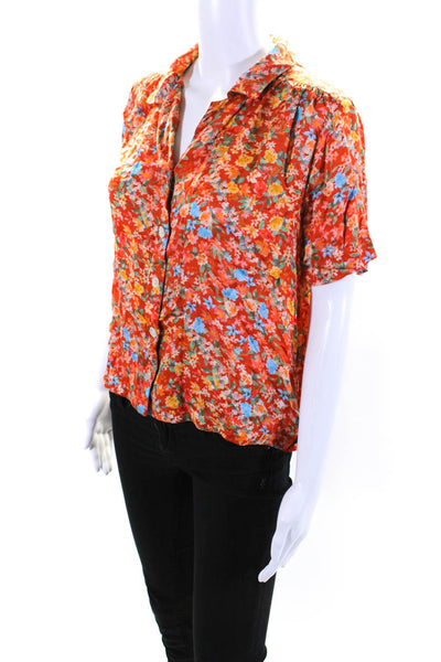 Roller Rabbit Womens Orange Cotton Floral Short Sleeve Button Down Shirt Size XS