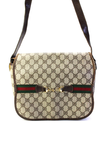 Gucci Womens Brown Leather Printed Horsebit Flap Satchel Shoulder Bag Handbag