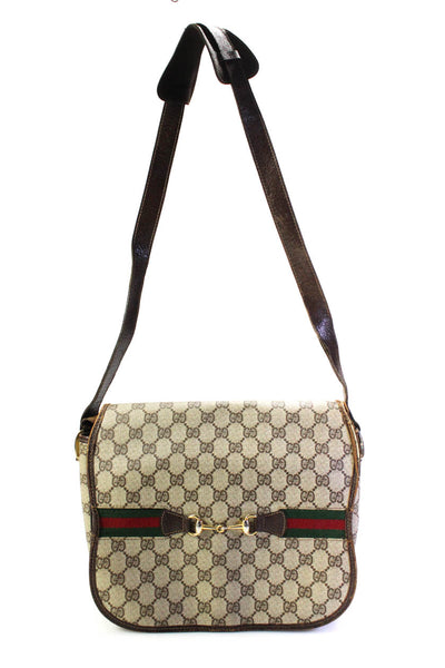 Gucci Womens Brown Leather Printed Horsebit Flap Satchel Shoulder Bag Handbag