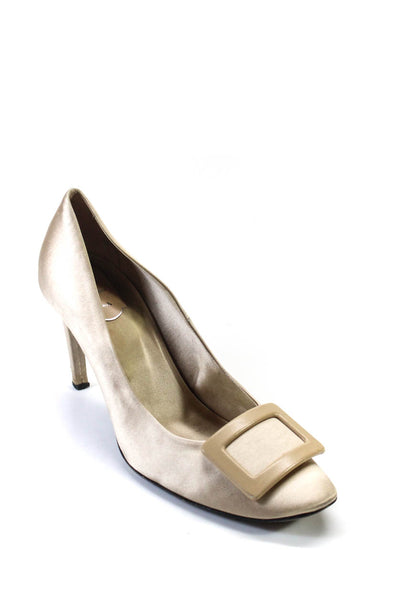 Roger Vivier Womens Silk Satin Buckle Slip On Stiletto Pumps Beige Size 10.5