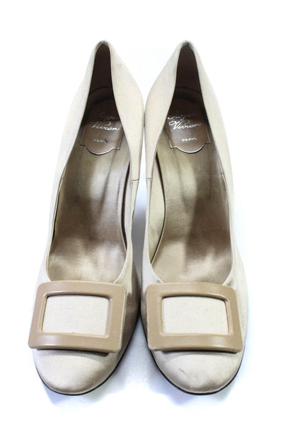 Roger Vivier Womens Silk Satin Buckle Slip On Stiletto Pumps Beige Size 10.5