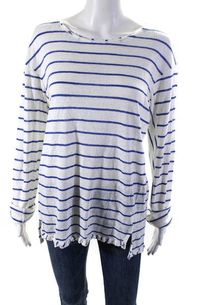 Lareida Womens White Linen Striped Crew Neck Pullover Sweater Top Size S