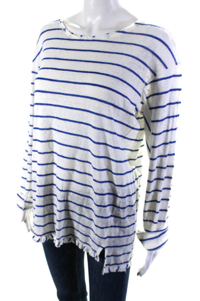 Lareida Womens White Linen Striped Crew Neck Pullover Sweater Top Size S