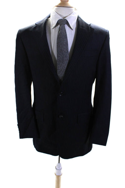 Hickey Freeman Mens Black Striped Wool Two Button Long Sleeve Blazer Size 38R