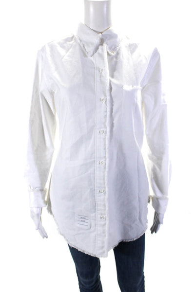 Thom Browne Womens Raw Hem Fringe Long Sleeve Button Up Top Blouse White Medium