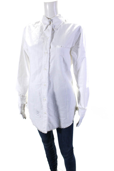 Thom Browne Womens Raw Hem Fringe Long Sleeve Button Up Top Blouse White Medium