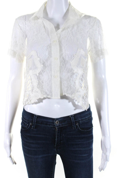 KTZ Womens Lace Short Sleeves Cropped Button Down Shirt White Size Small