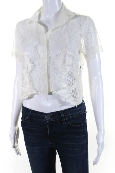 KTZ Womens Lace Short Sleeves Cropped Button Down Shirt White Size Small