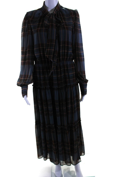 Lauren Ralph Lauren Womens Long Sleeve V Neck Plaid Long Dress Gray Brown Size 8