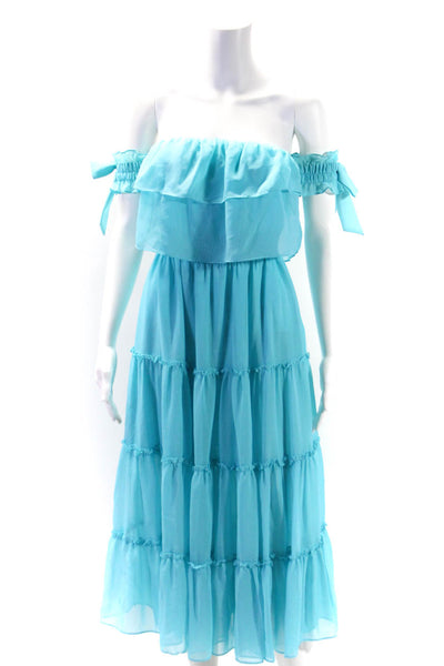 Misa Womens Off Shoulder Ruffle Tiered Midi A Line Dress Blue Size Extra Small