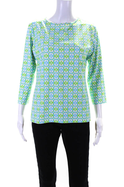 Melly M Womens Interlocking Print 3/4 Sleeve Top Blouse White Blue Green Medium