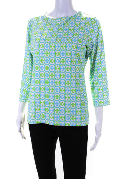 Melly M Womens Interlocking Print 3/4 Sleeve Top Blouse White Blue Green Medium