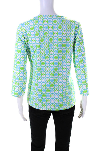 Melly M Womens Interlocking Print 3/4 Sleeve Top Blouse White Blue Green Medium