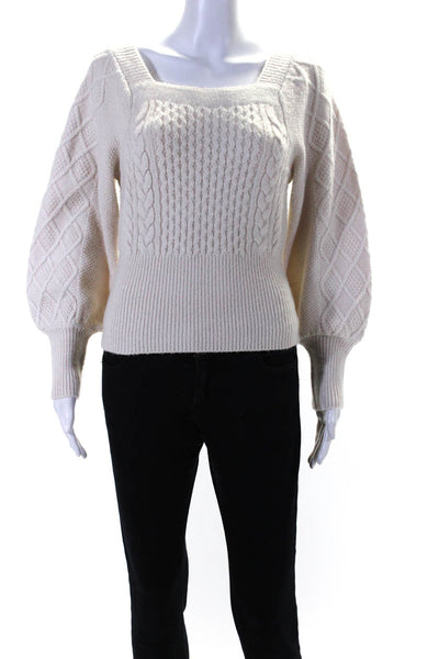 Moussy Womens Aran Cable Knit Square Neck Puff Sleeve Sweater Beige Size F