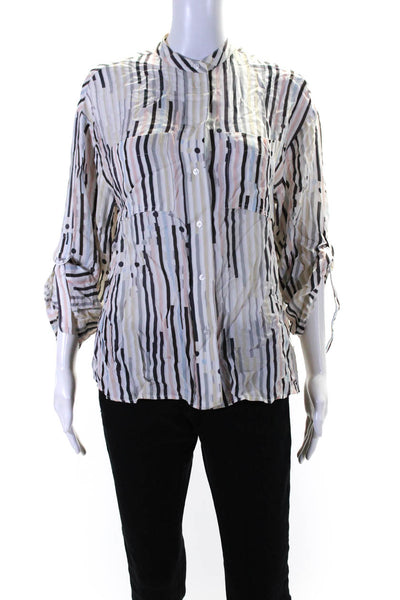 Reiss Womens Short Sleeve Striped Crew Neck Button Up Top Blouse Multicolor Sz 2