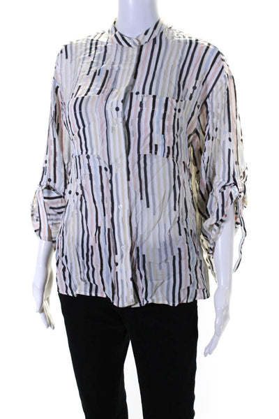 Reiss Womens Short Sleeve Striped Crew Neck Button Up Top Blouse Multicolor Sz 2