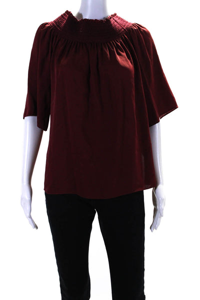 Theory Womens Silk Ruched Round Neck Long Sleeve Pullover Blouse Top Red Size S