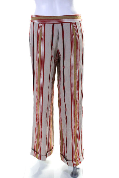 Etro Womens Linen Striped Buttoned Cuffed Hem Straight Pants Beige Size EUR42