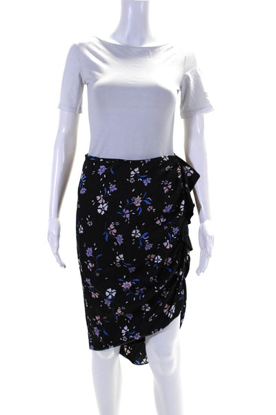 Veronica Beard Womens Silk Floral Print Ruffled Front Slit Skirt Black Size 4