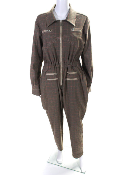 We Wore What Womens Brown Houndstooth Long Sleeve Straight Leg Overalls Size M