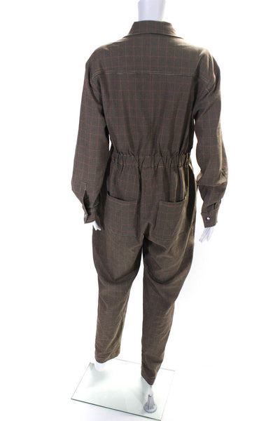 We Wore What Womens Brown Houndstooth Long Sleeve Straight Leg Overalls Size M