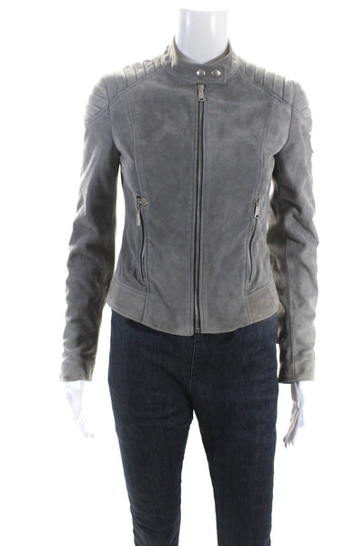 Belstaff Womens Leather Zipped Button Long Sleeve Mock Neck Jacket Gray Size XS