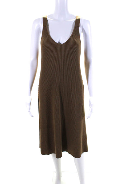 Vince Womens Sleeveless V Neck Ribbed Knit Knee Length Dress Brown Size Large