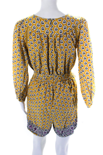 Point Sur Womens Floral Print Long Sleeves Belted Romper Yellow Size 0