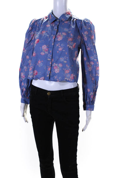 Love Shack Fancy Womens Blue Cotton Floral Long Sleeve Button Down Shirt Size XS