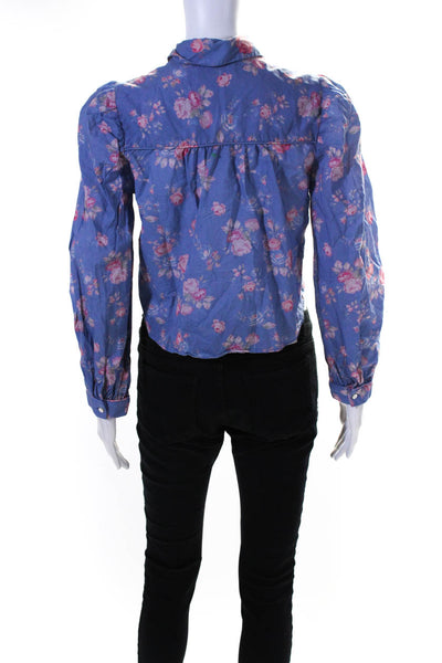 Love Shack Fancy Womens Blue Cotton Floral Long Sleeve Button Down Shirt Size XS