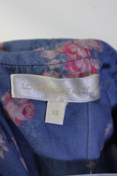 Love Shack Fancy Womens Blue Cotton Floral Long Sleeve Button Down Shirt Size XS