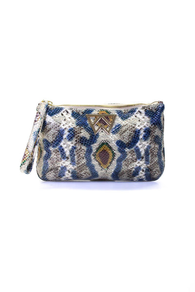 Kelly Wynne Womens Brown Blue Python Skin Zip Wristlet Bag Handbag