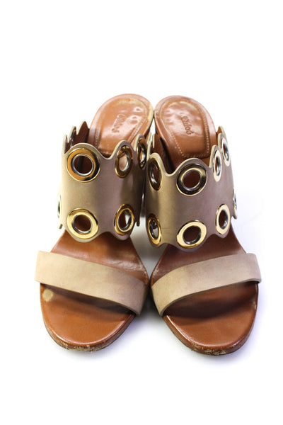 Chloe Womens Block Heel Grommet Scalloped Slide Sandals Brown Leather Size 37