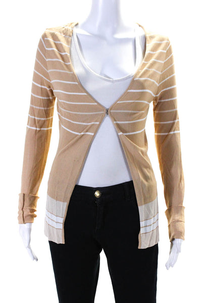 Herve Leger Womens Thin Knit Striped Open Front Cardigan Sweater Beige Large