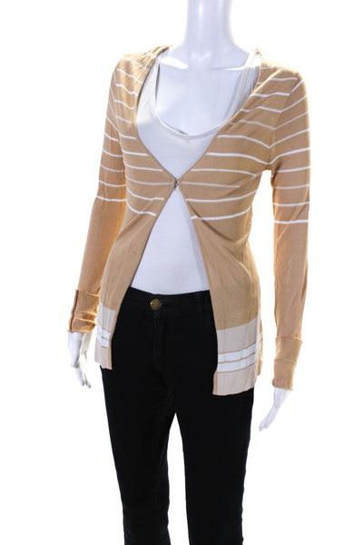 Herve Leger Womens Thin Knit Striped Open Front Cardigan Sweater Beige Large