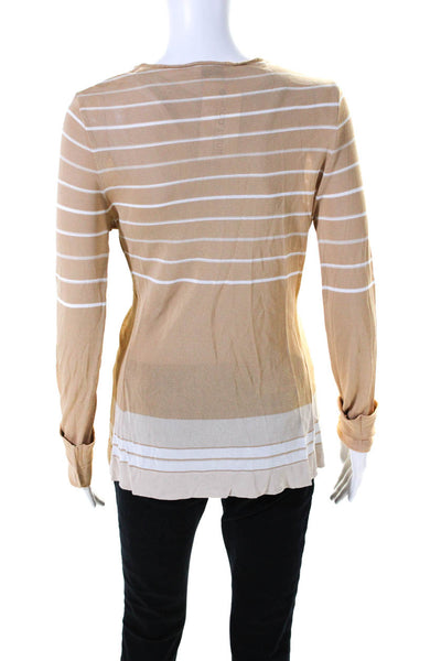 Herve Leger Womens Thin Knit Striped Open Front Cardigan Sweater Beige Large