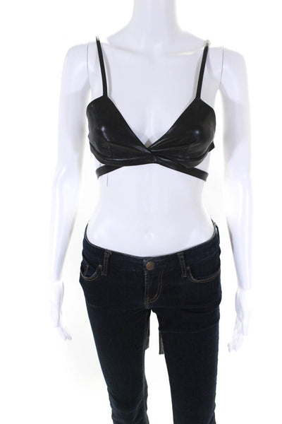 The Andamane Womens Faux Leather Strappy Wrap Triangle Crop Top Black Medium