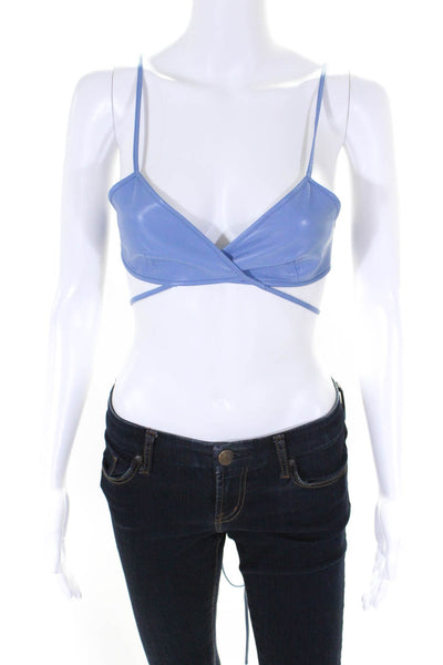 DROMe Womens Spaghetti Strap Wrap V Neck Leather Bra Crop Top Blue Size Medium